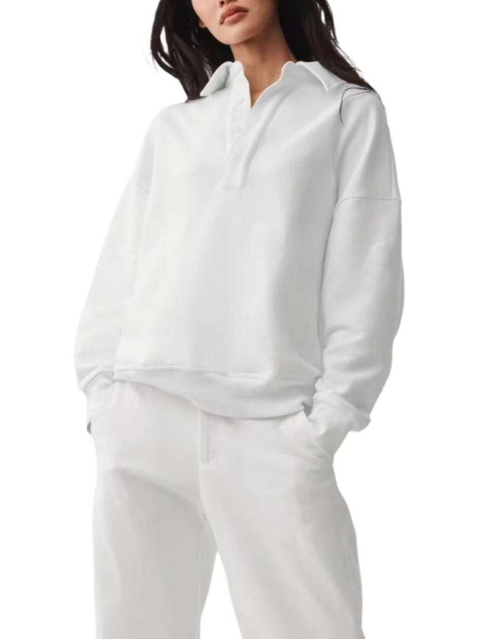 Grey polo collar sweatshirt with contrasting placket, athletic casual top