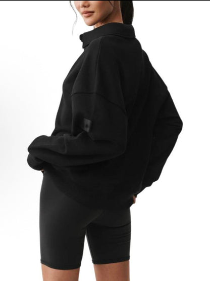 Black polo collar sweatshirt back view, slim fit knit top